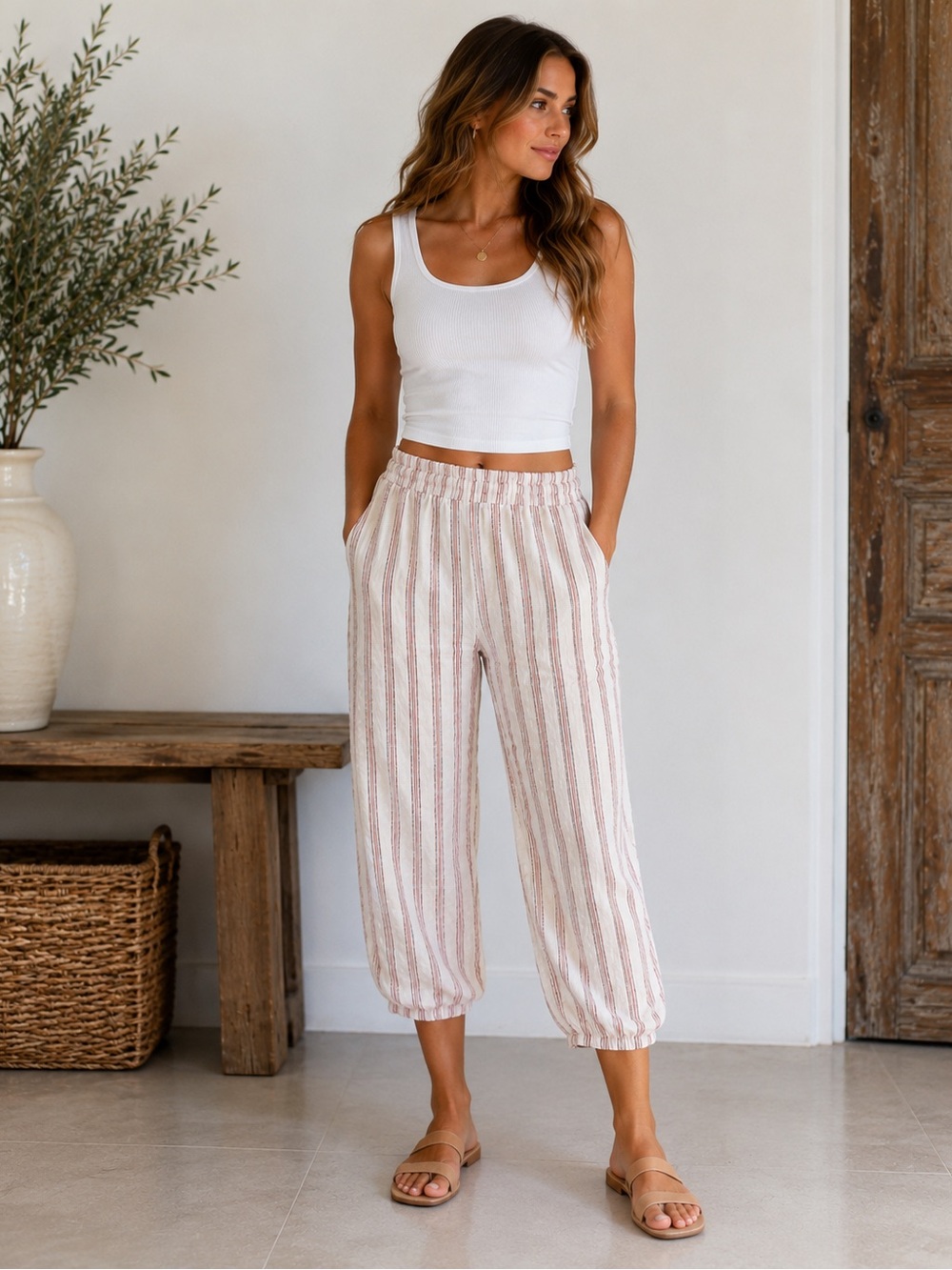L.L.Bean Women’s Striped 100% Linen Pull-On Pants – Size Petite 16